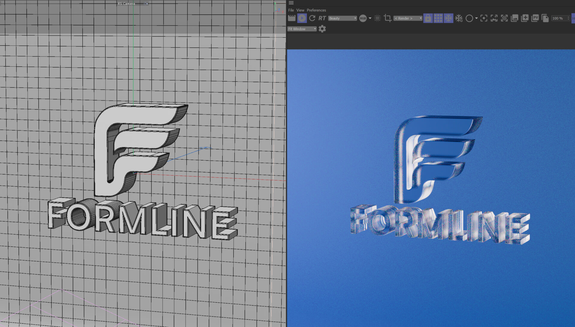 3D logo design created in Cinema 4D, showcasing  process from wireframe to polished, modern glass effect