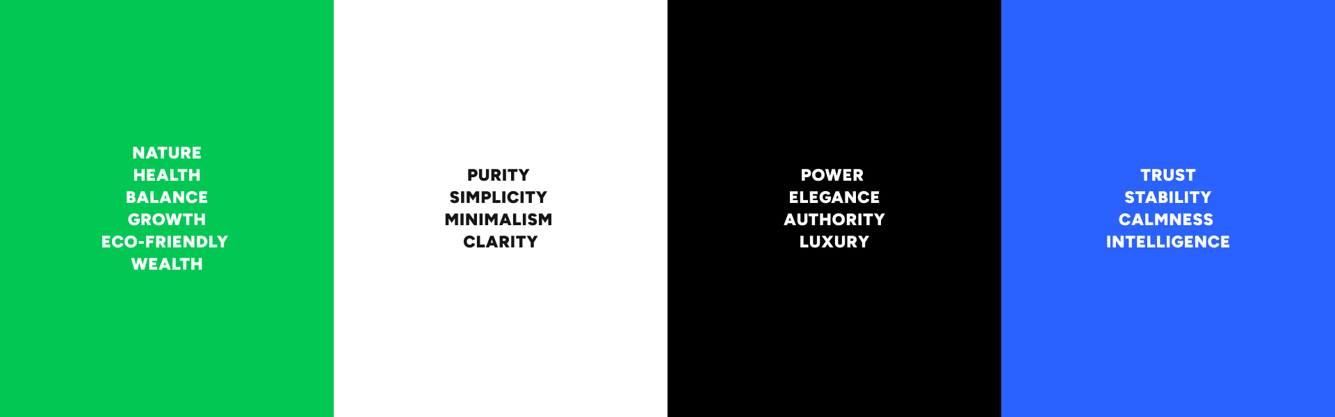 Comparison of colors in branding—white, black, yellow, and green—showcasing purity, luxury, optimism, and eco-friendliness