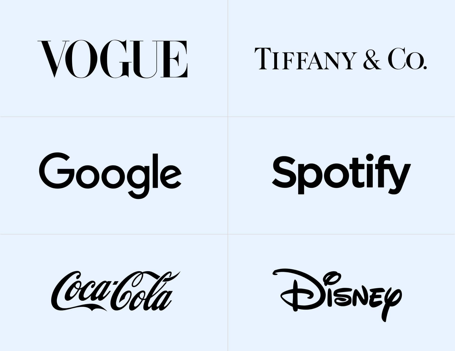 Famous brand logos—Vogue, Tiffany & Co., Google, Spotify, Coca-Cola, and Disney—showcasing diverse typography styles
