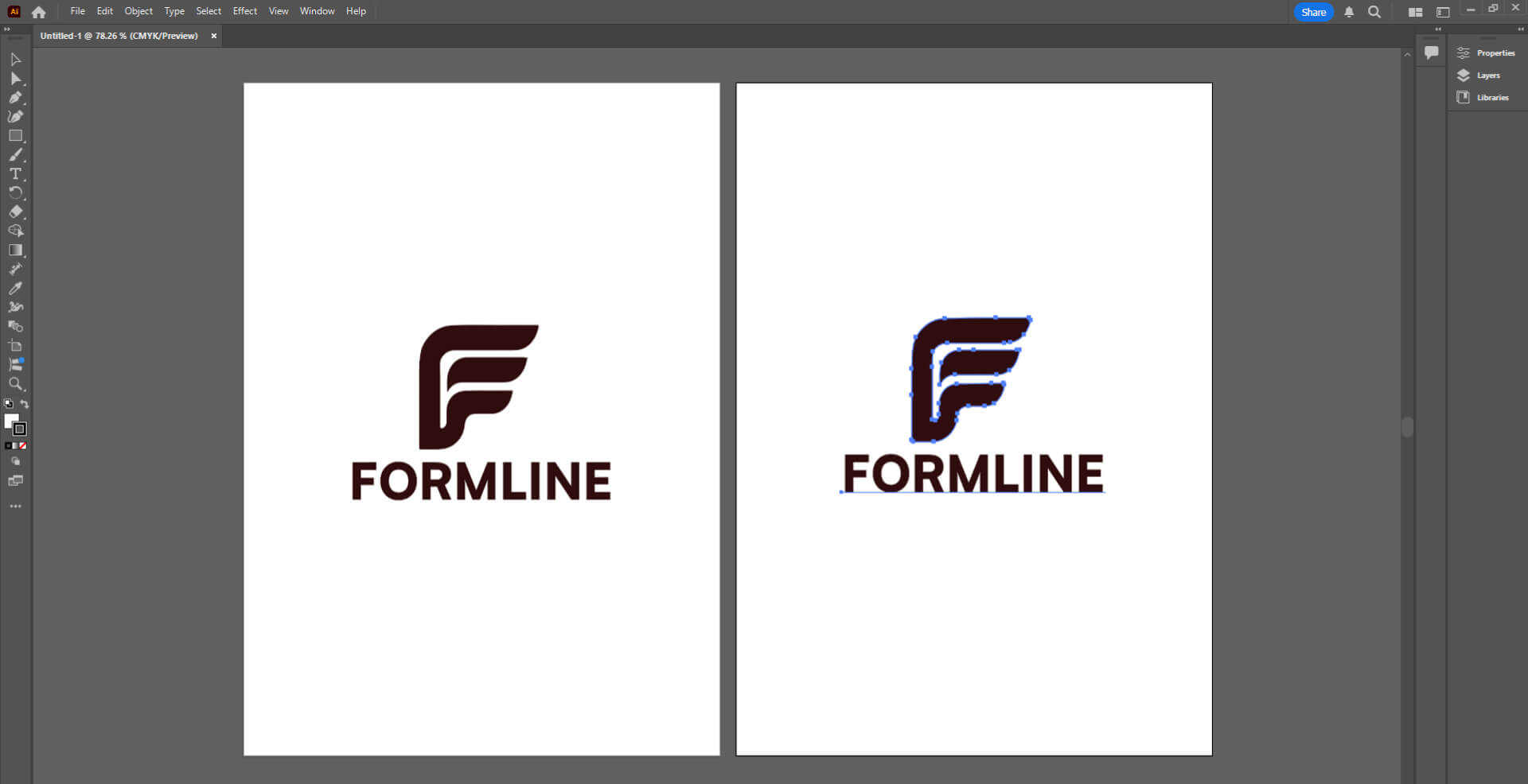 Side-by-side comparison of a logo created in Adobe Illustrator, demonstrating vector design techniques for scalability